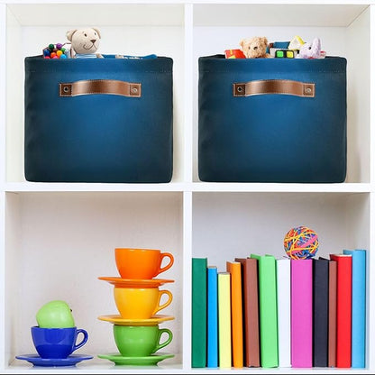 YETTASBIN Blue Solid Color Storage Basket 2pc, Large Collapsible Toys Clothes Organizer, Durable Canvas Storage Bin with Handle for Shelves Closet Laundry Home Office Decor