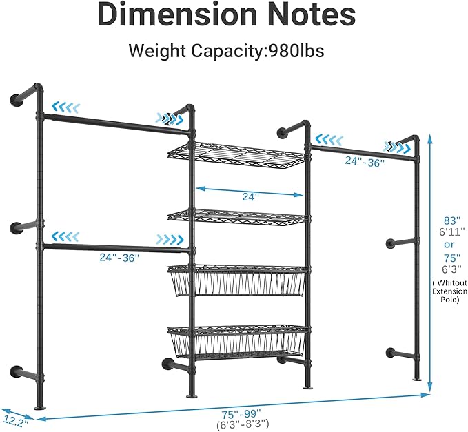 Timate X3 Expandable Heavy Duty Clothes Rack Wall Mounted Clothing Rack for Hanging Clothes, Industrial Pipe Closet System for Walk in Closet Kit Wall Mount Clothes Rack with Basket, Black Wall Closet