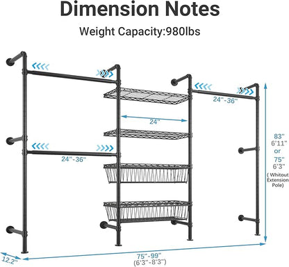 Timate X3 Expandable Heavy Duty Clothes Rack Wall Mounted Clothing Rack for Hanging Clothes, Industrial Pipe Closet System for Walk in Closet Kit Wall Mount Clothes Rack with Basket, Black Wall Closet