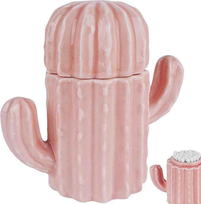Q-tip Holder, Q-tip Holder Ceramic, Holder Dispenser for Bathroom Canister Storage Organization, for Cotton Ball, Cotton Swab, Floss Picks(Pink)
