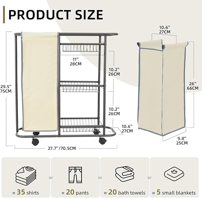 Rolling Laundry Basket with 3 Storage Baskets and 45 L Bag, Heavy Duty Laundry Cart with Wheels and Handle, Space Saving Laundry Room Organization for Bathroom Living Room Apartment Dorm