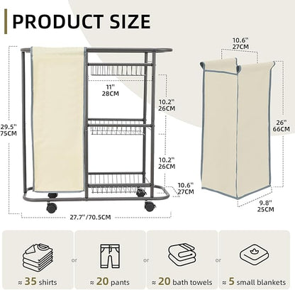 Rolling Laundry Basket with 3 Storage Baskets and 45 L Bag, Heavy Duty Laundry Cart with Wheels and Handle, Space Saving Laundry Room Organization for Bathroom Living Room Apartment Dorm