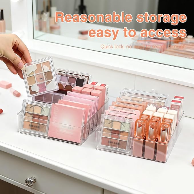 2 Pack Makeup Organizer for Eyeshadow Palette and Lipstick Organizer, 7 Section Divided Makeup Palette Organizer for Lipstick Highlighter, Skincare Cosmetic Display Cases for Bathroom
