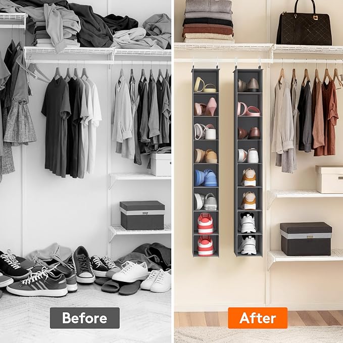 Lifewit Closet Shoe Organizer Hanging 8 Section, Collapsible Closet Organizers and Storage for Shelf, Shoe Hanger for Wardrode, Dorm, 11.8" L X 5.9" W X 41.1" H, Gray