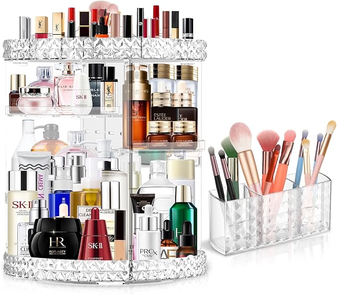 360 Rotating Makeup Organizer for Vanity + Makeup Brush Holder,Perfume Organizer with 6 DIY Adjustable Layer,Large Capacity Skincare Organizers,Lazy Susan Make up Organizer for Bedroom Dresser,Clear