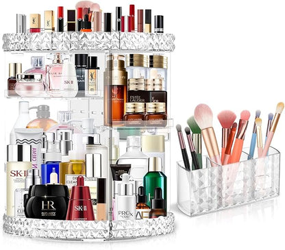 360 Rotating Makeup Organizer for Vanity + Makeup Brush Holder,Perfume Organizer with 6 DIY Adjustable Layer,Large Capacity Skincare Organizers,Lazy Susan Make up Organizer for Bedroom Dresser,Clear