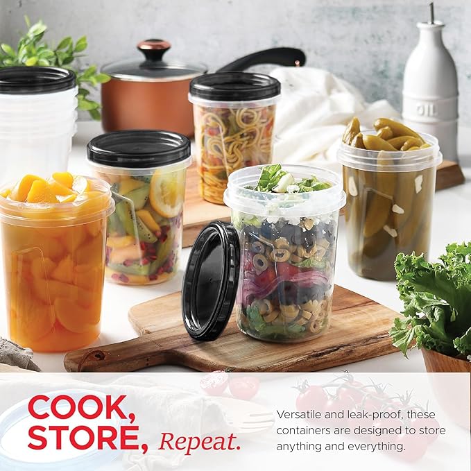 Tafura 10 Pack Leakproof Freezer Containers for Food with Twist Top Lids - 32 Oz BPA Free Reusable Plastic Soup Containers with Screw On Lids - Ideal for Meal Prep, Organization - Midnight Black Lid