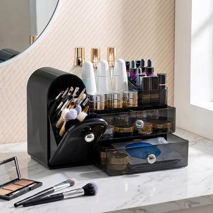 Makeup Organizer with Dustproof Brush Holder, Large Capacity Skincare & Cosmetic Storage for Vanity, 3-Tier Bathroom Countertop Organizer with Drawers for Perfume, Lipstick, Mask, Ideal Gift (Black)
