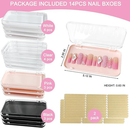 14Pcs Press On Nail Packaging Box Large,Press on Nail Storage Box for Press Ons Long, 5.1”×2.95” Fake Nail Storage Cases with 60 Pcs Adhesive Tape for Fake Nails Storage Display Nail Salon Business