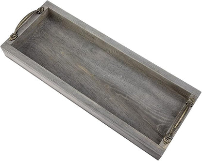 MyGift 16 Inch Vintage Gray Wood Toilet Tank Tray Organizer - Bathroom Vanity Rectangular Storage Tray with Antique Brass Tone Metal Handles