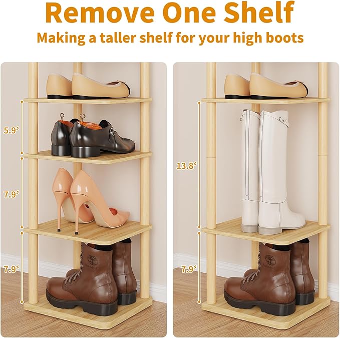 LUCKNOCK Vertical Shoe Rack, 8-Tier Tall Narrow Shoe Organizer for Entryway, Closet, Dorm & Small Spaces, Freestanding Wooden Shoe Shelf Tower for Boots, Sneakers, Heels. (Natural)