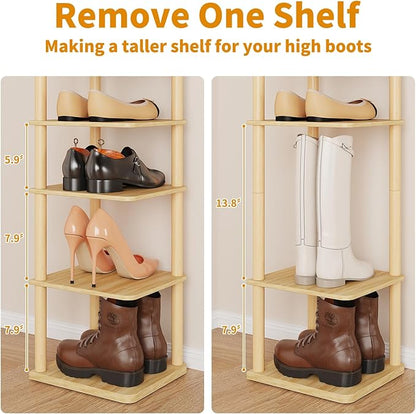 LUCKNOCK Vertical Shoe Rack, 8-Tier Tall Narrow Shoe Organizer for Entryway, Closet, Dorm & Small Spaces, Freestanding Wooden Shoe Shelf Tower for Boots, Sneakers, Heels. (Natural)