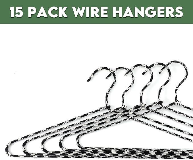 GlikCeil 15 Pcs Fabric Wrapped Metal Hangers Covered Wire Hanger Metal Coat Hangers Non Slip for Clothes Closet Clothing Suit Shirt Pant (Black and White,Chevron Style)