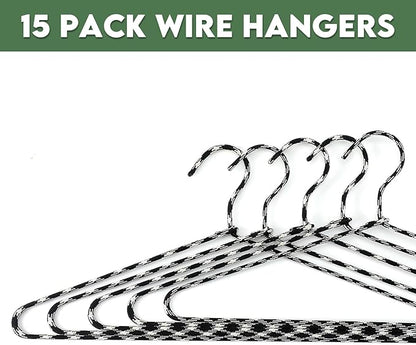 GlikCeil 15 Pcs Fabric Wrapped Metal Hangers Covered Wire Hanger Metal Coat Hangers Non Slip for Clothes Closet Clothing Suit Shirt Pant (Black and White,Chevron Style)