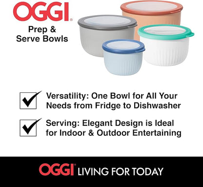 Oggi Prep, Store & Serve Plastic Bowl w/See-Thru Lid- Dishwasher, Microwave & Freezer Safe, (2.6 qt) White/Aqua