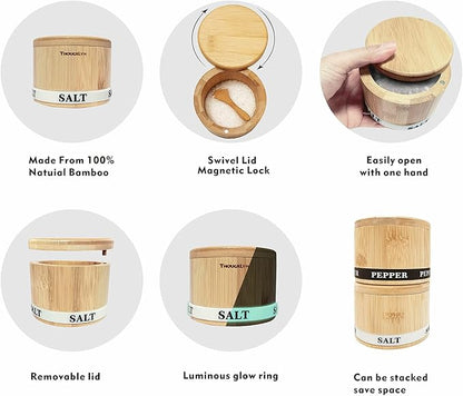 ThougrLyh Salt Box Bamboo Pepper and Salt Container with Swivel Lid and Spoons,Spice Cellar with Mat and Labels,Holder for Seasoning and Small Items,Dual 13 Oz Capacity