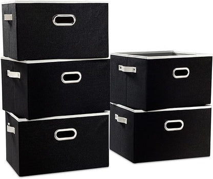 PRANDOM Larger Collapsible Storage Bins for Closet [5-pack] Decorative Linen Fabric Storage Baskets Cubes with Leather/Metal Handles for Living Room Black (17.3x12.2x10.4 Inch)