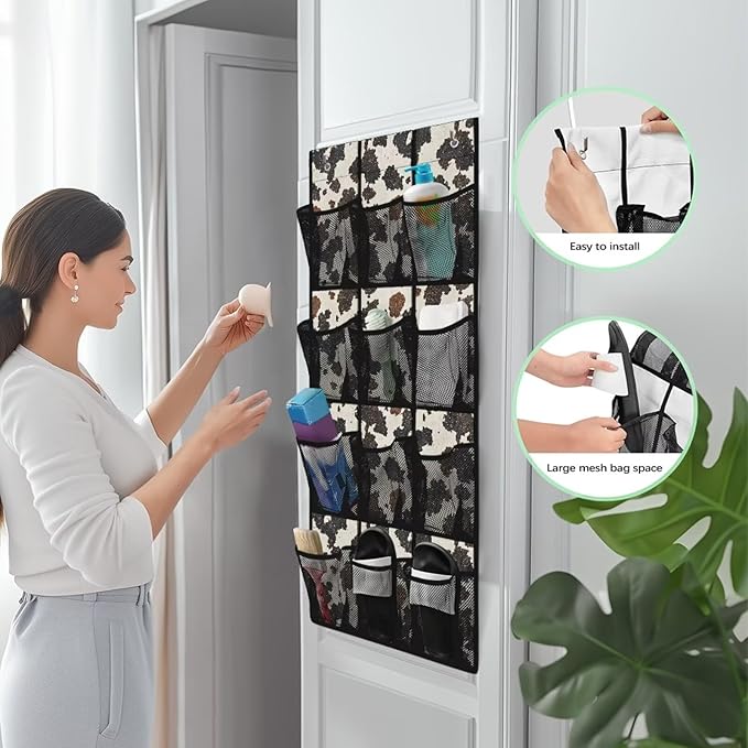 Over the Door Shoe Organizer Foldable Cow Print Hanging Shoe Organizer with 12 Large Pockets Sturdy Oxford Storage Holder for Dorm Room