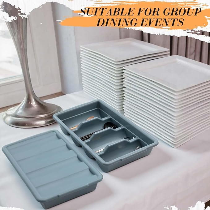 Maxdot 6 Pcs 20.5 x 11.9 x 3.7 Inch Silverware Organizer with Lid, Commercial 4-compartment Restaurant Kitchen Cutlery Tray, Plastic Silverware Storage Container, Condiments Holder (Grayish Blue)