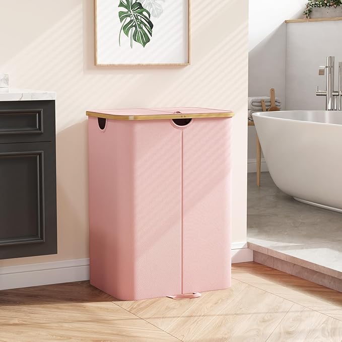 Lifewit 150L Double Laundry Hamper with Lid, Large Laundry Basket with Removable Bag & Bamboo Handles, Fodable Tall Dirty Clothes Hamper for Laundry Collapsible Bin for Bathroom Bedroom Dorm, Pink