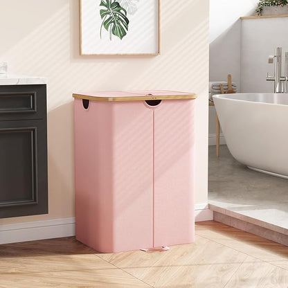 Lifewit 150L Double Laundry Hamper with Lid, Large Laundry Basket with Removable Bag & Bamboo Handles, Fodable Tall Dirty Clothes Hamper for Laundry Collapsible Bin for Bathroom Bedroom Dorm, Pink
