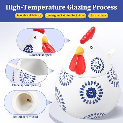 Ceramic Salt Cellar with Lid and Spoon,17oz Large Chicken Rooster Cookie Jar Salt Containers Holder for Countertop Spices,Cute Farmhouse Kitchen Decor,Spice Jar for Coffee,Sugar,Spices,Candies (#D)