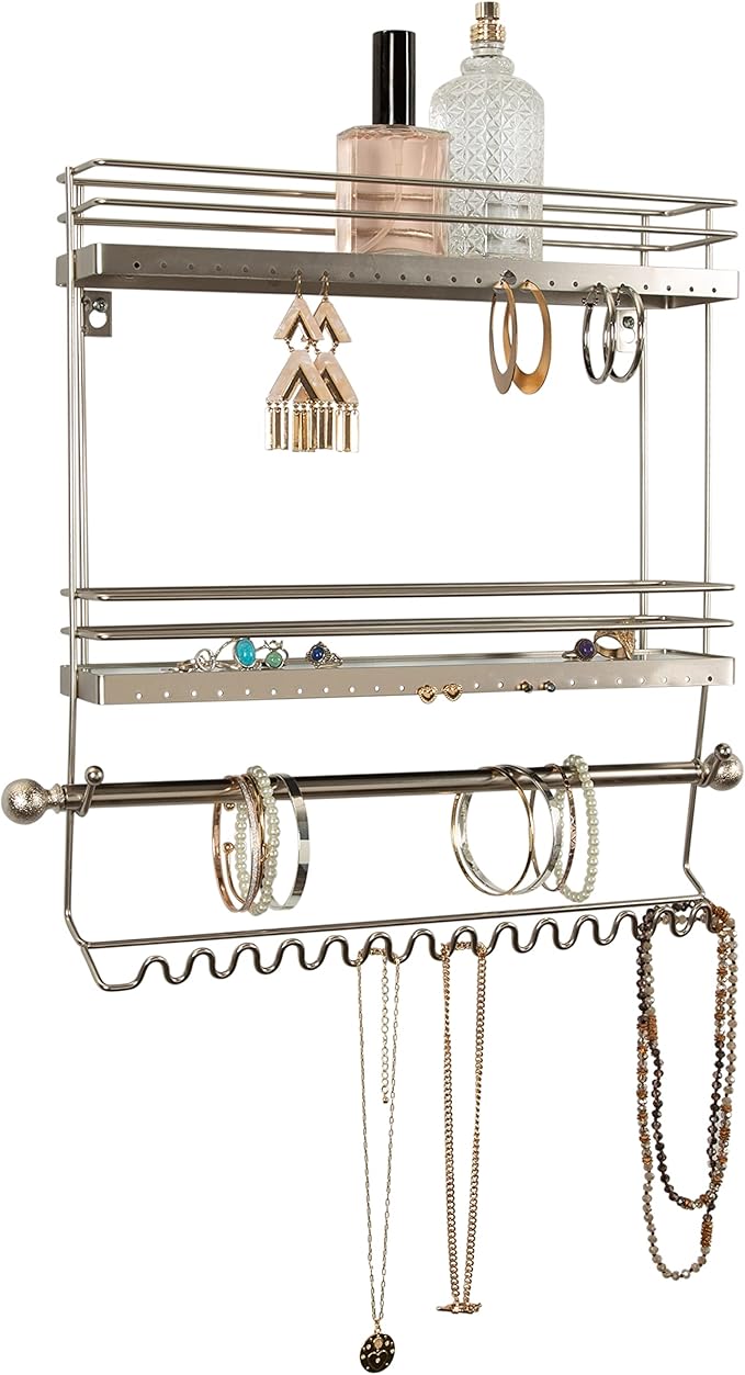Home Details Wall Mounted Jewelry Organizer | Dimensions: 14.6"x 3.9"x 15.6" | 2 Tier Mirror | Home Organization | Great for Bracelets | Necklaces | Earrings | Mirror Based Shelf | Satin Finish