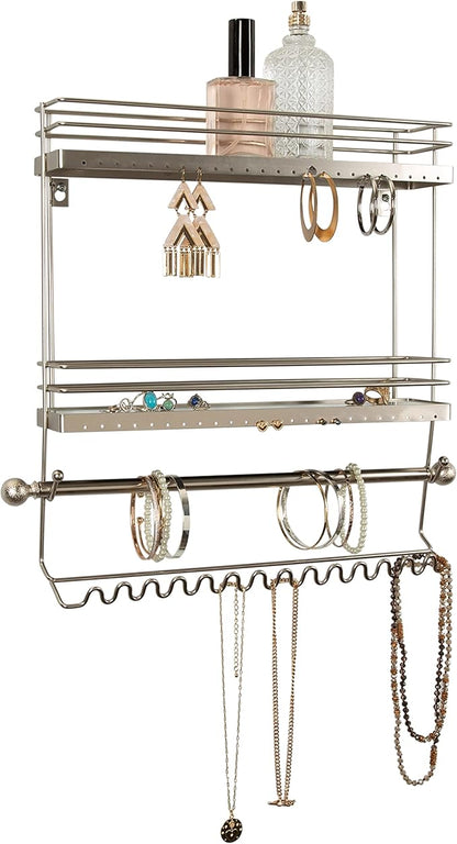 Home Details Wall Mounted Jewelry Organizer | Dimensions: 14.6"x 3.9"x 15.6" | 2 Tier Mirror | Home Organization | Great for Bracelets | Necklaces | Earrings | Mirror Based Shelf | Satin Finish