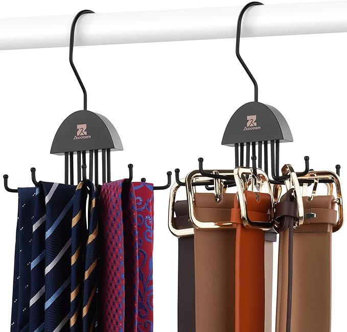 ZEDODIER 2 Pack Tie Hanger & Belt Organizer, Rotatable Tie Rack Space Saving Tie Holder with 16 Adjustable Hooks for Closet Organizers and Storage, Sturdy Belt & Tie Collection Storage, Black