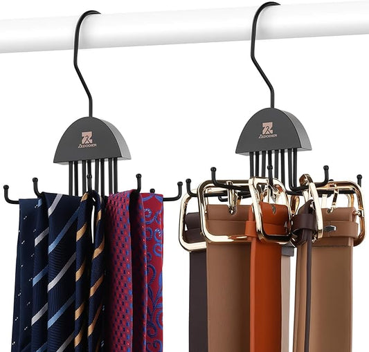 ZEDODIER 2 Pack Tie Hanger & Belt Organizer, Rotatable Tie Rack Space Saving Tie Holder with 16 Adjustable Hooks for Closet Organizers and Storage, Sturdy Belt & Tie Collection Storage, Black
