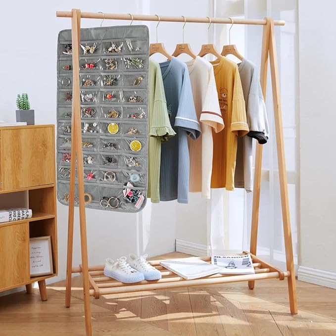 Bloss Hanging Jewelry Organizer, Earring Organizer Double Sided 80 Pocket Jewelry Chain Storage Bag 2 Layer of Fabric Jewelry Holder for Necklace Bracelet - Gray