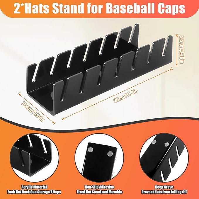 Hat Stand for Baseball Caps, 2 Pack No Install Acrylic Hat Organizer for 14 Baseball Caps Storage Organizer, Hat Racks Hat Holder Display and Organization for Closet, Bedroom, Dresser (Black-2Pack)