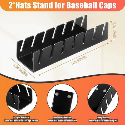 Hat Stand for Baseball Caps, 2 Pack No Install Acrylic Hat Organizer for 14 Baseball Caps Storage Organizer, Hat Racks Hat Holder Display and Organization for Closet, Bedroom, Dresser (Black-2Pack)