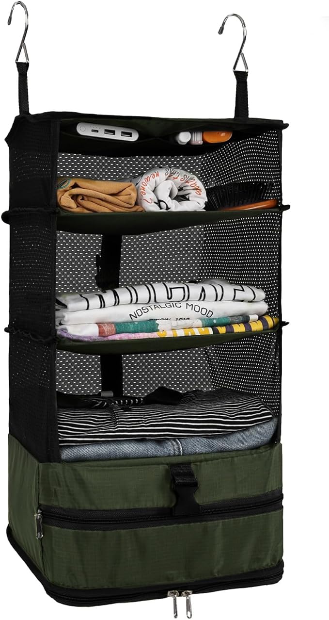 Surblue Hanging Closet Storage Bag Collapsible 3-Shelf Washable Oxford Fabric with 2 Hooks (L 11.41 * 11.41 * 19.68in, Dark Green)