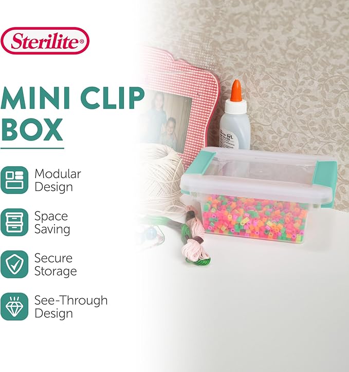 Sterilite 24-Pack Clip Box, Stackable Clear Plastic Bins with Latching Lids, Mini - Writing, Arts or Crafts Supplies Storage Containers for Home, Office, Classroom and Workshop Organization