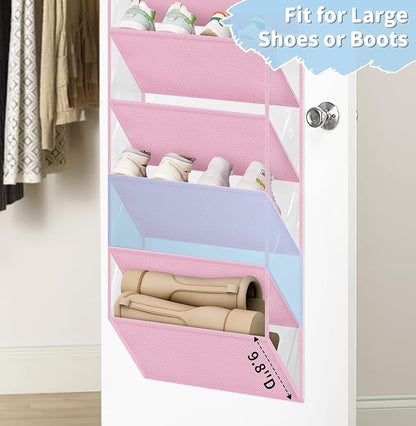 AOODA 10 Tier Clear Over the Door Shoe Organizer Storage, Deep Pockets Large Hanging Shoe Rack for Closet Door, Fit 20 Pairs Shoe Holder Hanger for Sneakers, Boots (Pink)