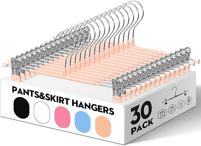 HUADYMEET 30 Pack 12Inch Pants Hangers with Clips,Metal Trouser Hanger for Jeans.Space Saving Skirt Hangers Heavy Duty Non-Slip Adjustable Clothes Shorts Hanger for Women,Men,Coral Pink