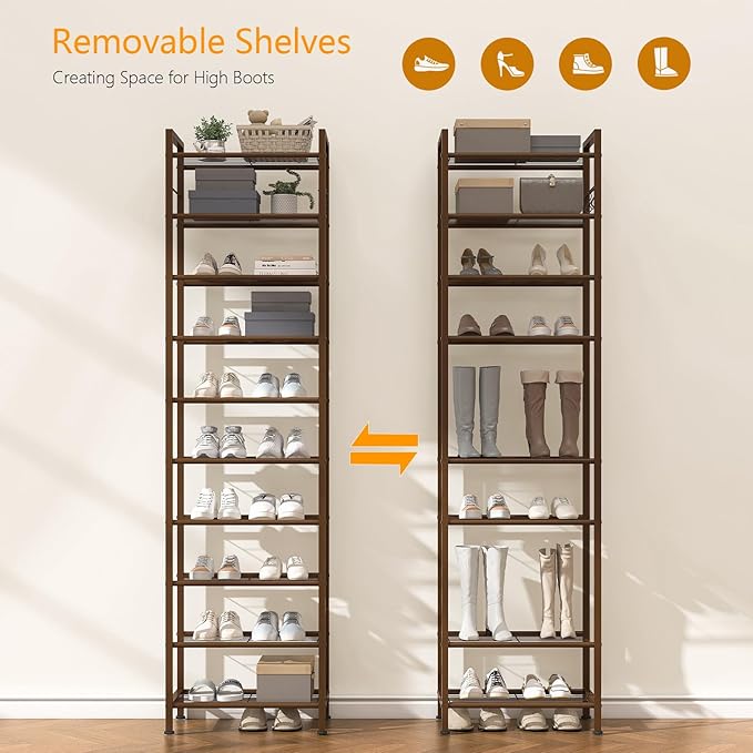 usikey 10 Tiers Narrow Shoe Rack 20-30 Pairs, Sturdy Metal Tall Shoe Rack Shelf with 4 Hooks, Slim Shoe Storage with Metal Shelf, Space Saving Vertical Shoe Organizer for Entryway Bronze UNYXJX018A