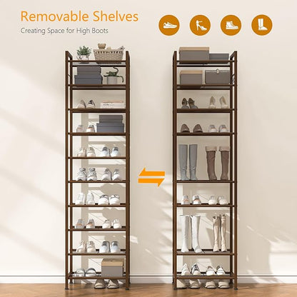 usikey 10 Tiers Narrow Shoe Rack 20-30 Pairs, Sturdy Metal Tall Shoe Rack Shelf with 4 Hooks, Slim Shoe Storage with Metal Shelf, Space Saving Vertical Shoe Organizer for Entryway Bronze UNYXJX018A