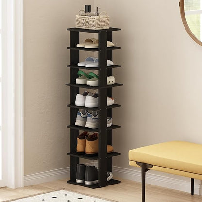 Furinno Compact Vertical Shoe Rack, 8-Tier Narrow Shoe Organizer, Free Standing Shoe Storage, Shoe Shelf for Boots, Sneakers, 12 x 12.6 x 46.7, for Closet, Entryway, Office, Garage, Espresso