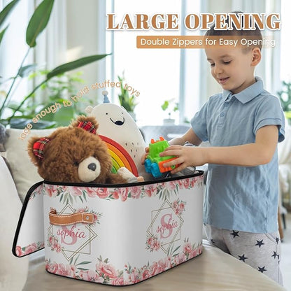 Custom Initials Storage Bins with Lid, Foldable Personalized Storage Basket Boxes with Handle Pink Flower Shelf Basket Closet Organizer Cube