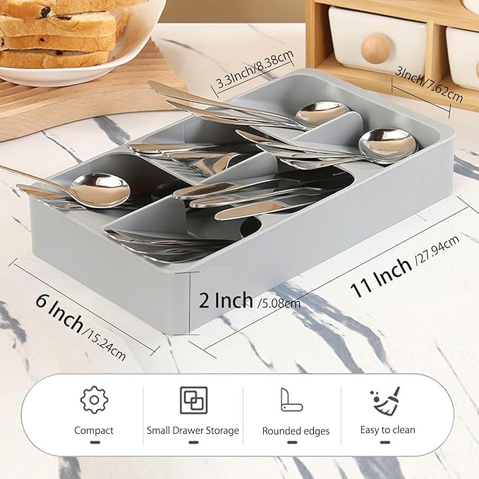 6 Slots Silverware Cutlery Drawer Organizer,Small Kitchen Utensil Tray for Flatware, Cutlery, Spoon and Knives Compact Storage Organization Keep Kitchen, Camper Drawer Neat & Organized