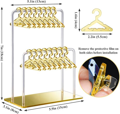 NiHome Glitter Acrylic Earring Holder with Unique Double-Tiered Design, Miniature Clothing Hangers with Spacious Storage for 48 Pairs, Mirror-Finish Display for Home Vanity & Retail Showrooms(Gold)