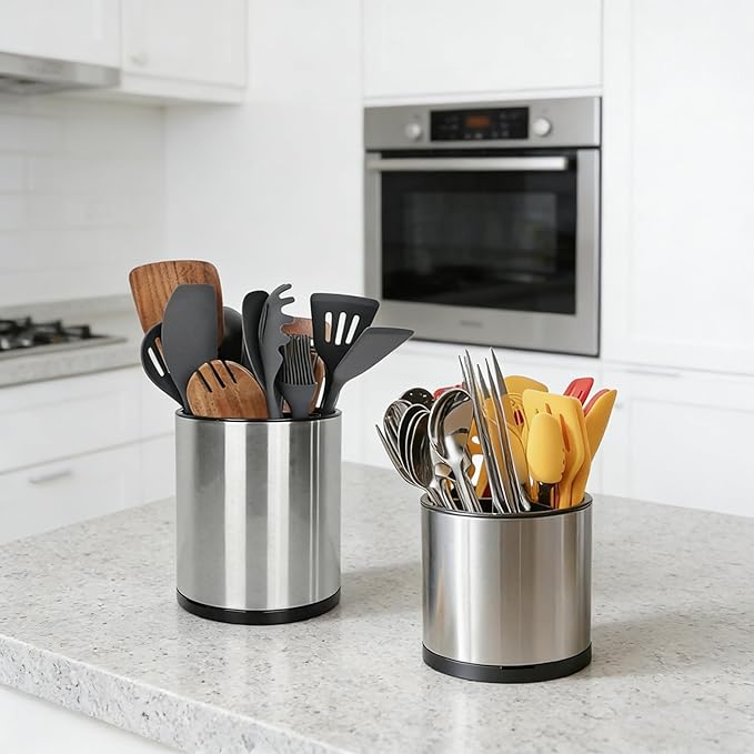Nigelia Set of 2, Extra Large Kitchen Utensil Holder, 360° Rotating Stainless Steel Cooking Utensil Holder for Countertop, 3 Compartment Flatware Organizer (Silvery)