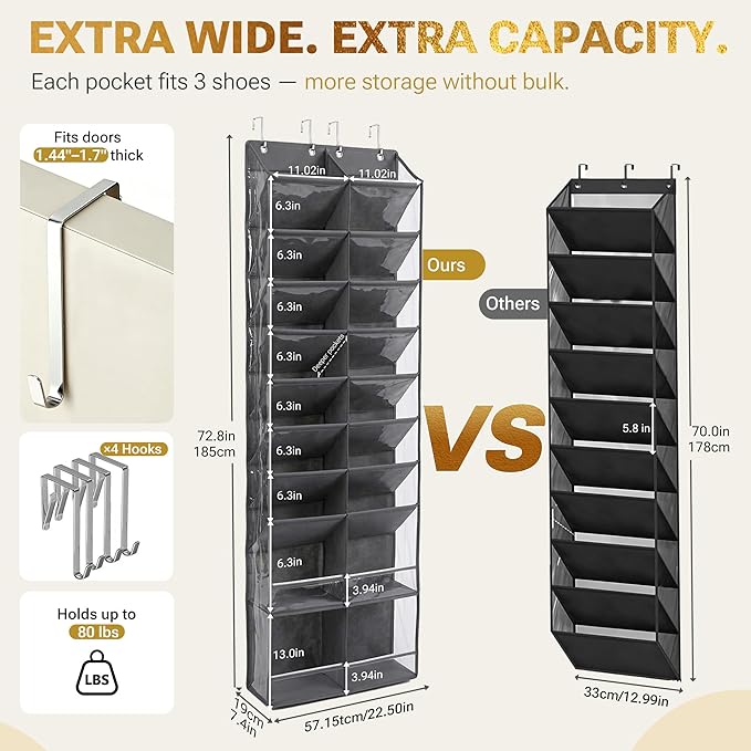 HOMELUX THEORY 30 Pairs Over The Door Shoe Organizer - 10 Tiers Deep Pockets Shoe Rack for Closet, Shoe Rack for Entryway & Hanging Shoe Organizer for Closet for Sneakers, Boots (V3, Dark Gray)