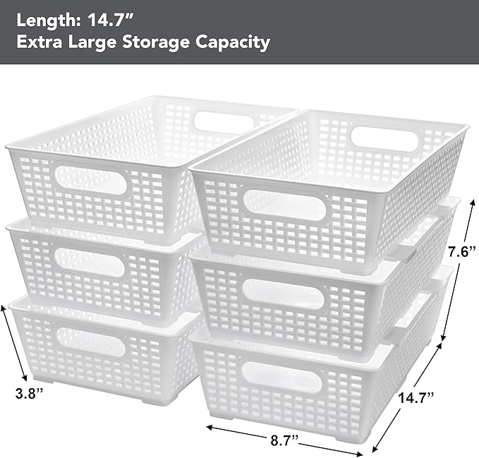 Tiawudi Stackable Woven Plastic Basket, Storage Bins for Cabinet, Closet, Shelf, Under Sink and Countertop, Pantry Organizer Bins, 6 Pack