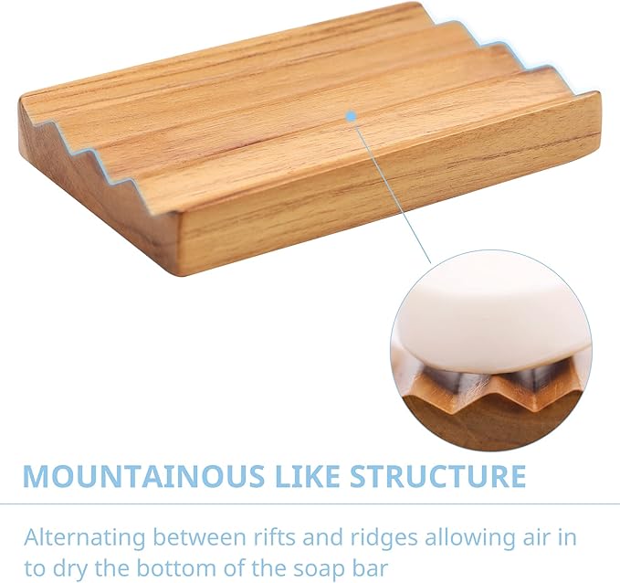 Teak Soap Dish for Shower Pack of 2 by HTB, Wood Decorative Bath Soap Holder Heightened Base Design to Keep Soap Dry in Kitchen, Bathroom, Sink, Bathtub, Wooden Soap Saver for Hand Face Shampoo Bar