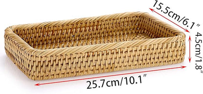 Sumnacon 10 Inch Rattan Bathroom Vanity Tray - Decorative Wicker Toilet Tank Tray for Paper Hand Towel, Vintage Storage Basket Bin for Bathroom Kitchen Toilet Tank Vanity Countertop Table Shelf
