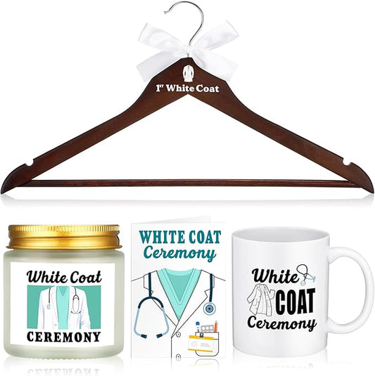 Nuanchu 4 Pcs White Coat Ceremony Gifts for Men Women Medical Student Include First White Coat Hanger Doctor Candle Mug Card Gift for Med School Pharmacist New Doctor