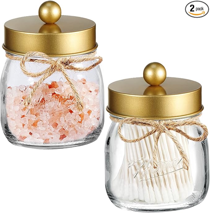 SheeChung 2 Pack Qtip Holder for Bathroom, Cotton Swab Holders, Cute Mason Jars Decor, Bathroom Decor and Accessories for Cotton Round Pads, Balls, Floss Pick - Brushed Gold